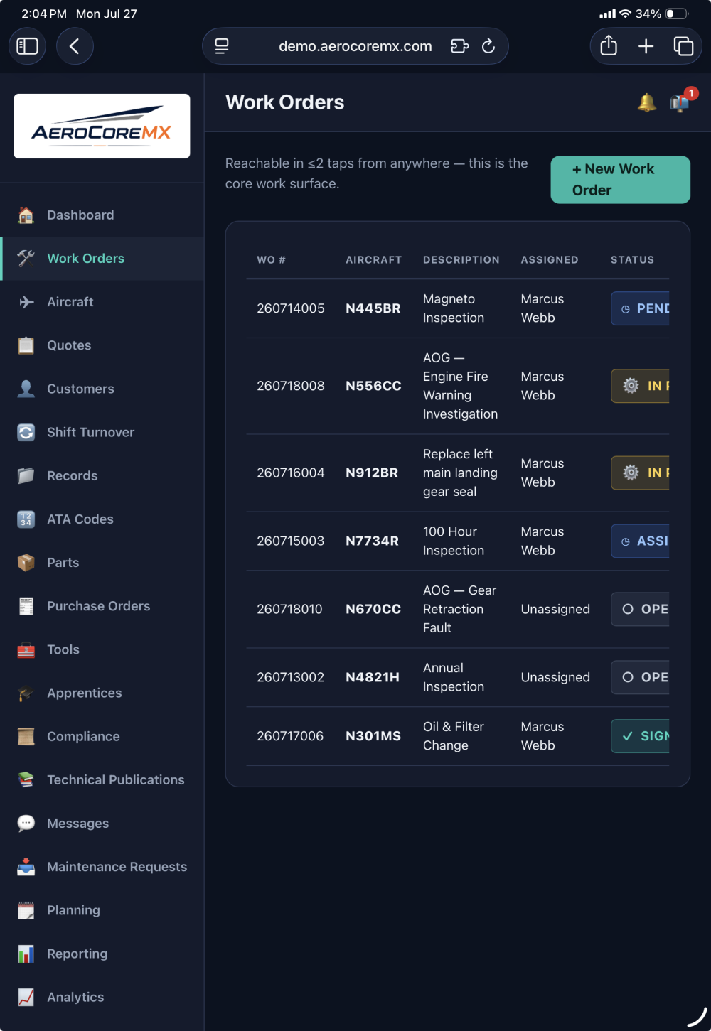 Work Orders Screenshot