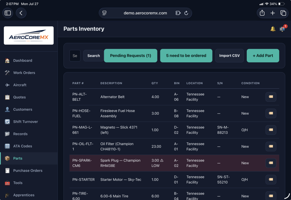 Keep track of all your parts in a robust inventory system